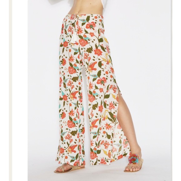 Figue Ipanema 100% Silk Floral Folk Maximalist Print Slit Wide Leg Pants - Picture 1 of 9